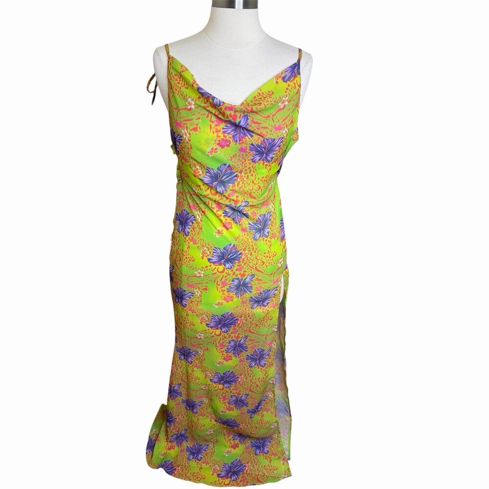 I.AM.GIA Naphtalia Dress XXS Green Hibiscus Tropical Y2k Cowl Neck Maxi Slit